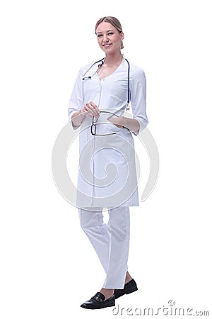 Competent woman doctor with stethoscope. isolated on white Stock Photo