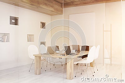 Side view of conference room with glass walls and doors, toned Stock Photo