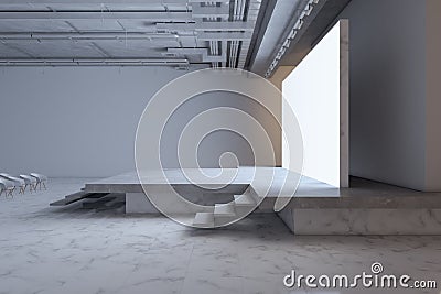 Side view of contemporary luxury auditorium with stage and blank white mock up screen. Stock Photo