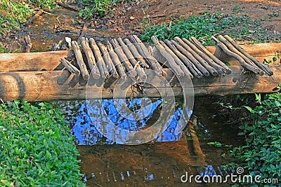 SIDE VIEW OF CRUDE FOOTBRIDGE OVER WATER Stock Photo