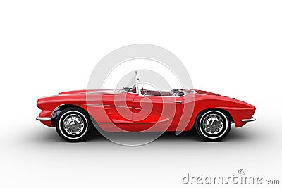 Side view 3D illustration of a retro convertible red roadster car isolated on a white background Cartoon Illustration