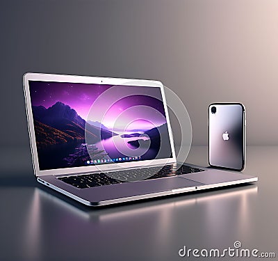 Side View 3D Rendering of Newly Released Apple MacBook Air and iPhone 14 in Silver Color - Laptop Mockup Stock Photo