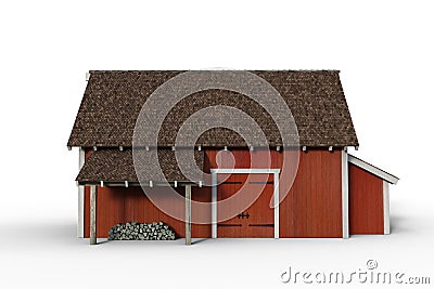 Side view 3D rendering of a red wooden barn isolated on a white background Cartoon Illustration