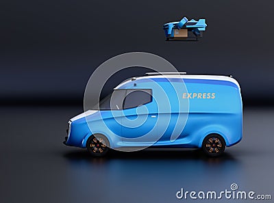 Side view of delivery drone takeoff from two-tone electric powered delivery van on black background Stock Photo