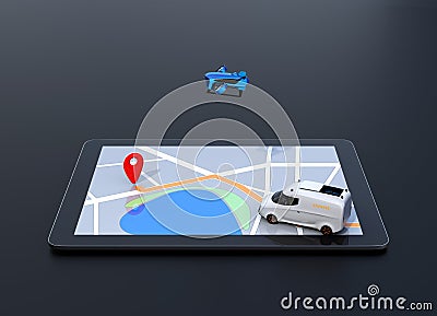 Side view of delivery drone and van on digital tablet computer Stock Photo