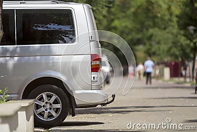 Side view detail of white passenger medium size luxury minibus v Stock Photo