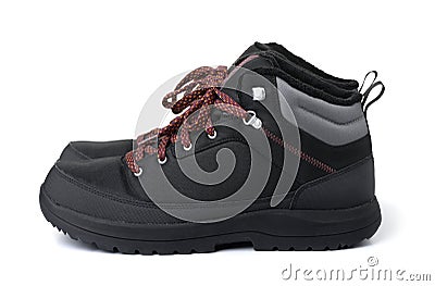 Side view of dlack waterproof hiking boots Stock Photo