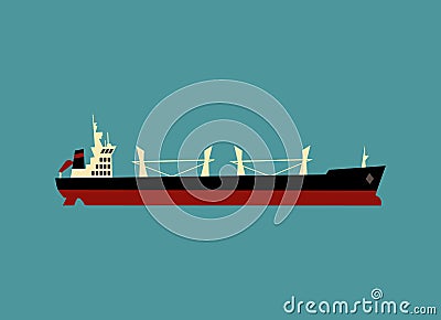 Side view of dry cargo bulker ship in the sea Vector Illustration