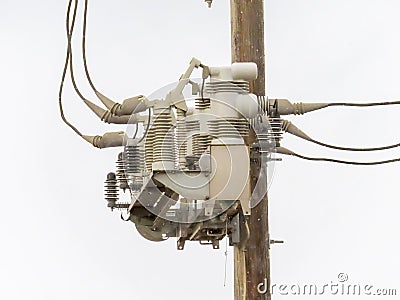 Side view of an electric three-phase overhead distribution switch. Stock Photo