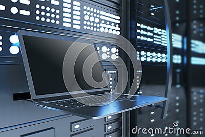 Side view of empty mock up laptop computer in illuminated server room interior. Internet, engineering and data concept. Editorial Stock Photo