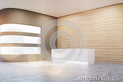 Side view of an empty office hall with wooden and gray walls and concrete floor. Stock Photo