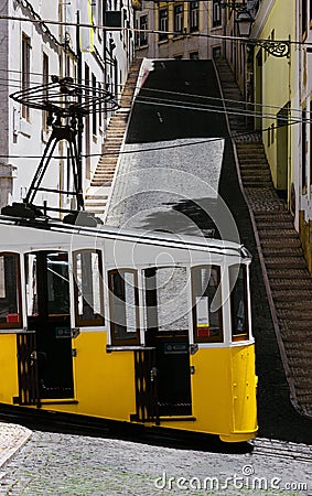 Side view of empty yellow Bica Funicular tram in Lisbon, Portugal Stock Photo