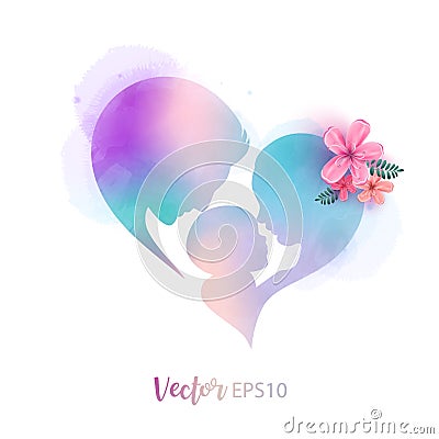 Side view of Father and mother kissing their child baby with heart symbol silhouette plus abstract water color painted. Digital Vector Illustration