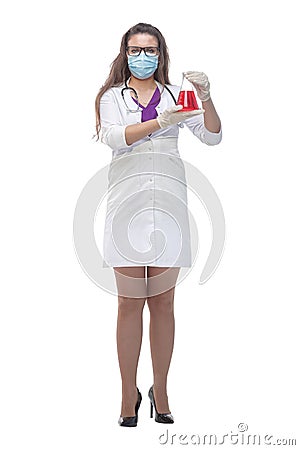 Side view. a female medic in a protective mask holds a laboratory flask Stock Photo