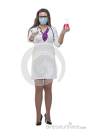 Side view. a female medic in a protective mask holds a laboratory flask Stock Photo