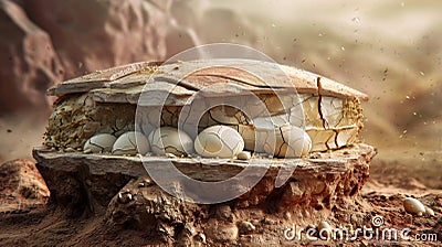 A side view of a fossilized nest revealing the layers of sediment and debris that have accumulated over thousands of Stock Photo