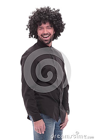 Side view. funny shocking guy in jeans. isolated on white Stock Photo