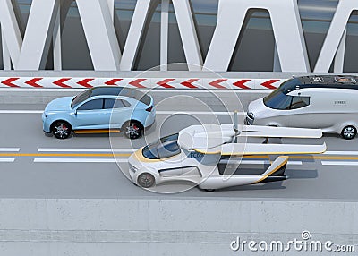 Side view of futuristic flying car driving on the highway Stock Photo