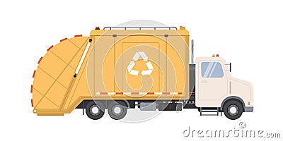 Side view of garbage truck with recycle sign for waste removal. Yellow lorry with refuse hopper and lift bucket for Cartoon Illustration