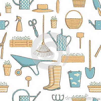 Side view gardening seamless pattern set icon set. Collection of useful horticulture tools spade, hat etc. Vector Illustration