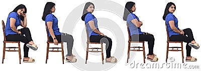 Side view of group of same latin woman sitting on a chair on white background Stock Photo