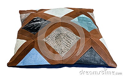 Side view of patchwork leather decorative pillow Stock Photo