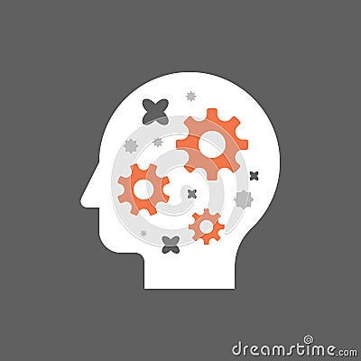 Brain gear, head with cogwheels, cognitive skill, technology people, creative workshop, potential development, brainstorm concept Vector Illustration