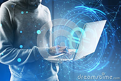 Side view of headless hacker holding laptop computer with creative round euro sign on blurry blue polygonal background. Crypto, Stock Photo