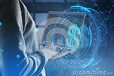 Side view of headless hacker holding laptop with creative round dollar sign on blurry blue polygonal background. Crypto, hacking, Stock Photo