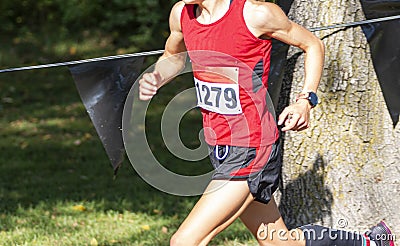 Side view of high school runner racing downhill at Federation State Meet Editorial Stock Photo