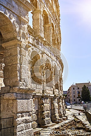 Side view of historical amphitheater of Pula in Istria, Croatia Stock Photo