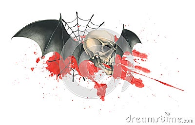 Side view of a human skull with black bat wings with a bloodstain and cobwebs for the holiday of Death Day and Halloween Cartoon Illustration