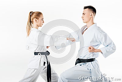 side view of karate fighters exercising in kimono Stock Photo