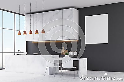 Side view of a kitchen with marble furniture, black walls, panoramic window and a small table with two white chairs. Stock Photo