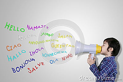 Little boy shouting with multilingual Stock Photo