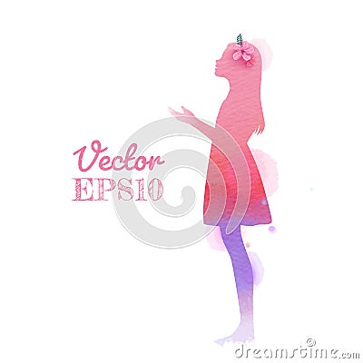 Side view of little girl with praying silhouette plus abstract watercolor painted. Peace, hope, dreams concept . Digital art Vector Illustration