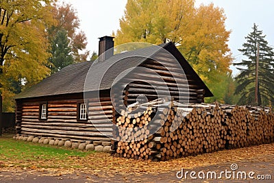 side view of a log cabin with a woodpile stacked against its wall Stock Photo