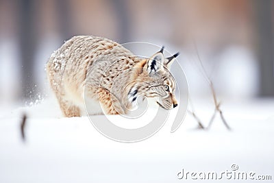 side view of a lynx stalking prey in snow Stock Photo