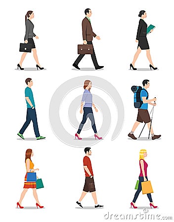 Side View of Men and Women Walking Vector Illustration