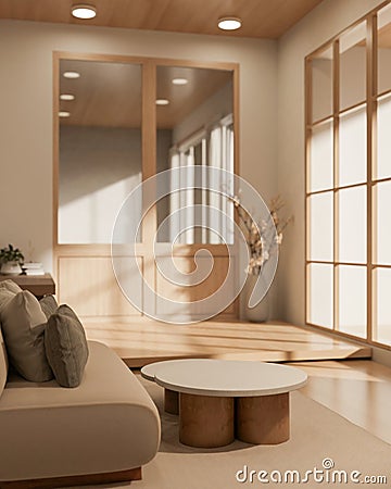 Side view of a minimalist Japanese living room interior design with a comfortable couch and decor Cartoon Illustration