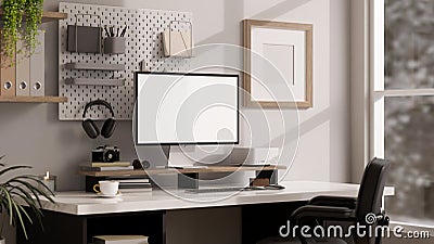 Side view of a modern bright office working space with computer mockup and decor on table Cartoon Illustration