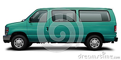 Side view of a modern passenger American minibus in blue-green. Stock Photo