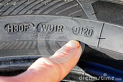 Side view of tire with designation of week and year of tire production Stock Photo