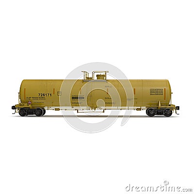 Side view Oil yellow tank car on white. 3D illustration Cartoon Illustration