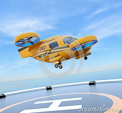 Side view of orange Passenger Drone Taxi takeoff from helipad Stock Photo