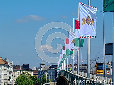 Side view of the Petofi bridge in Budapest, Hungary. Decorative flags. Blue sky. European travel concept Editorial Stock Photo