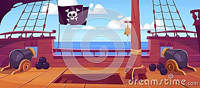 Side view of a pirate ship deck with a skull on a black flag. Vector illustration Vector Illustration