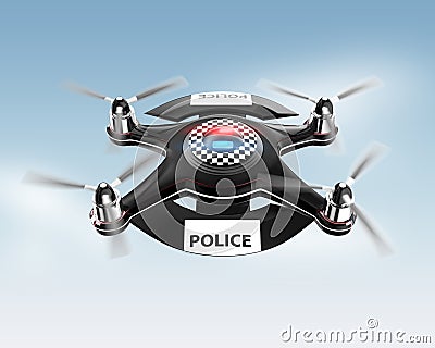 Side view of police drone on blue sky. Stock Photo