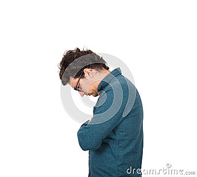 Side view portrait of sad and thoughtful businessman looking down ashamed, feels guilty isolated on white background. Upset Stock Photo