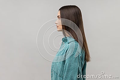 Side view of portrait of strict bossy woman looking ahead, feels confident focused self-assured. Stock Photo